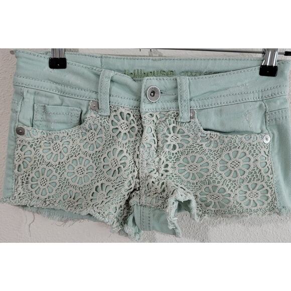 Dollhouse Crazy Sexy Cool Mint Green Crochet Denim Shorts 3 Distressed Soft - Picture 1 of 5
